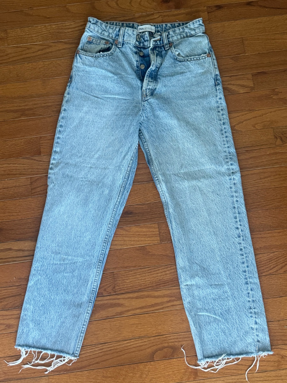 ZARA Light Wash High-Rise Straight Leg Raw Hem Jean